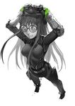  bodysuit full_body glasses headphones highres long_hair looking_at_viewer monochrome nanaya_(daaijianglin) persona persona_5 sakura_futaba simple_background smile solo spot_color white_background 