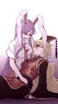  animal_ears blonde_hair blush bunny_ears carrot chinese_clothes commentary_request cradling_head crying crying_with_eyes_open hat highres junko_(touhou) long_hair miata_(miata8674) multiple_girls necktie pale_skin purple_hair red_eyes red_neckwear reisen_udongein_inaba shirt short_sleeves tabard tears tie_clip touhou very_long_hair white_shirt wide_sleeves 