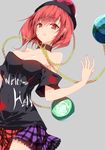  bare_shoulders black_shirt breasts chain cleavage clothes_writing collar cowboy_shot earth_(ornament) grey_background hecatia_lapislazuli looking_at_viewer medium_breasts miniskirt multicolored multicolored_clothes multicolored_skirt off-shoulder_shirt polos_crown red_eyes red_hair sakurame shirt simple_background skirt solo t-shirt touhou 