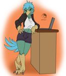  anthro avian bird clothed clothing computer feathers female hair laptop looking_at_viewer smile solo standing yojek163 