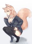  animal_ears bangs black_legwear blonde_hair breasts cleavage dress eyebrows_visible_through_hair fang fox_ears fox_girl fox_tail from_side full_body fur_trim highres knees_together_feet_apart long_hair looking_at_viewer original parted_lips piuta profile purple_eyes simple_background sleeves_past_wrists small_breasts smile solo squatting sweater sweater_dress swept_bangs tail thighhighs thighs white_background zettai_ryouiki 