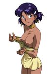  blue_eyes blush bracelet breasts dark_skin dress dress_pull earrings embarrassed fushigi_no_umi_no_nadia green_eyes jewelry langerhans_2016 looking_at_viewer looking_back medium_breasts nadia neck_ring nipples open_mouth purple_hair short_hair solo undressing white_background yellow_dress 