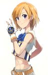  bangs belt blonde_hair blue_eyes closed_mouth eyebrows_visible_through_hair fingerless_gloves from_side gloves hand_on_hip hand_up idol looking_at_viewer maruhana midriff original sailor_collar simple_background smile solo upper_body w white_background white_gloves 