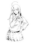  akamatsu_kaede bangs beamed_eighth_notes blush breasts collared_shirt cowboy_shot danganronpa hand_on_hip head_tilt highres long_hair long_sleeves looking_to_the_side medium_breasts monochrome musical_note musical_note_hair_ornament musical_note_print necktie new_danganronpa_v3 pleated_skirt pointing pointing_up pose ruukii_drift shirt sidelocks simple_background sketch skirt solo sweater_vest swept_bangs vest white_background 