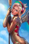  absurdres alternate_costume blonde_hair blue_eyes blue_sky bodysuit breasts cloud day fortune_mercy from_side high_ponytail highres holding holding_staff lens_flare looking_at_viewer looking_to_the_side mechanical_halo mechanical_wings medium_breasts mercy_(overwatch) outdoors overwatch parted_lips sky smile solo staff talsa-aka-ritsyka upper_body watermark wings 