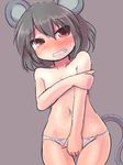  1girl clenched_teeth covering embarrassed female foomal grey_hair looking_at_viewer lowres mouse_ears mouse_tail navel nazrin panties simple_background solo thigh_gap topless touhou 