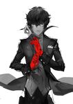 amamiya_ren black_hair curly_hair gloves highres looking_at_viewer male_focus mask nanaya_(daaijianglin) persona persona_5 red_eyes red_gloves simple_background smile solo white_background 