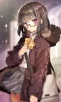  :o bad_id bad_pixiv_id bag bangs blurry bob_cut bow brown-framed_eyewear brown_coat brown_hair coat collared_shirt commentary cowboy_shot depth_of_field eyebrows_visible_through_hair fur-trimmed_coat fur_trim gambe glasses grey_skirt hand_up indoors looking_at_viewer open_clothes open_coat original parted_lips plaid plaid_skirt pleated_skirt purple_eyes satchel semi-rimless_eyewear shirt short_hair skirt solo sparkle under-rim_eyewear white_shirt yellow_bow 