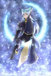  blue_eyes blue_hair boots capelet gloves highres long_hair male_focus moon nahato_(tales) quatam sitting solo sparkle staff tail tales_of_(series) tales_of_the_world_reve_unita teeth 