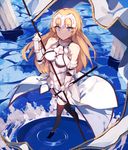  armor armored_dress bare_shoulders black_legwear blonde_hair blue_eyes breasts fate/apocrypha fate_(series) headgear highres hona_(pixiv7939518) jeanne_d'arc_(fate) jeanne_d'arc_(fate)_(all) long_hair looking_at_viewer medium_breasts scabbard sheath smile solo standard_bearer sword thighhighs thighs wading water weapon 
