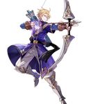  arrow blonde_hair boots bow_(weapon) drawing_bow fingerless_gloves fire_emblem fire_emblem:_fuuin_no_tsurugi fire_emblem_heroes full_body gloves highres holding holding_arrow holding_bow_(weapon) holding_weapon klein_(fire_emblem) male_focus official_art purple_eyes quiver solo tobi_(kotetsu) transparent_background weapon 