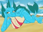  2017 abiga&iuml;l anthro aquatic_dragon beach bikini clothed clothing dragon evilymasterful female hi_res lying on_side outside reptile scalie seaside sling_bikini smile solo swimsuit water wide_hips yellow_eyes 