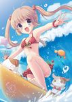  :d barefoot bikini bikini_skirt blue_eyes bracelet brown_hair cloud crab day dog eyebrows_visible_through_hair fang frilled_skirt frills from_below front-tie_bikini front-tie_top hair_bobbles hair_ornament highres hoshimame_mana jewelry long_hair looking_at_viewer moe2017 open_mouth original outstretched_arms polka_dot polka_dot_bikini red_bikini skirt sky smile solo spread_arms surfboard surfing swimsuit twintails waves 