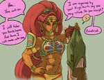 2017 abs bracelet breasts carrying clothed clothing dialogue duo english_text female gerudo green_eyes hair hand_on_hip human humanoid jewelry larger_female lipstick long_hair makeup male mammal muscular muscular_female navel nintendo not_furry plagueofgripes pointy_ears simple_background size_difference smaller_male text the_legend_of_zelda video_games 