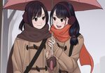  aconitea arm_hug black_eyes black_hair brown_scarf coat earmuffs hair_over_shoulder hair_tie holding holding_umbrella looking_at_another mittens multiple_girls open_mouth orange_scarf original ponytail scarf shared_umbrella smile tree umbrella upper_body yuri 