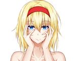  alice_margatroid bangs bare_shoulders blonde_hair blue_eyes closed_mouth collarbone commentary_request hair_between_eyes hands_on_own_cheeks hands_on_own_face looking_at_viewer piro_(iiiiiiiiii) portrait smile solo touhou white_background yandere_trance 