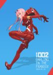  1girl absurdres blue_background bodysuit character_name copyright_name darling_in_the_franxx eyebrows_visible_through_hair floating_hair full_body green_eyes hair_between_eyes hairband highres horns leg_up long_hair looking_at_viewer parted_lips pink_hair red_bodysuit shiny shiny_hair solo very_long_hair white_hairband zero_two_(darling_in_the_franxx) zola_chen 