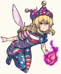  american_flag_dress american_flag_legwear clownpiece dress fairy_wings fugota full_body hat highres jester_cap long_hair neck_ruff pantyhose polka_dot short_dress simple_background solo star star_print striped torch touhou white_background wings 