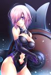  bare_shoulders breasts cleavage cowboy_shot elbow_gloves fate/grand_order fate_(series) gloves hair_over_one_eye highres large_breasts leotard looking_at_viewer mash_kyrielight midriff miyabi_urumi navel_cutout purple_eyes purple_hair shield short_hair smile solo 