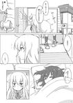  bafarin bed blush bow bowtie closed_eyes comic commentary_request doorknob from_side gabriel_dropout greyscale highres hood hoodie jitome long_hair lying monochrome multiple_girls open_door pillow profile school_uniform shoes sleeping sneakers socks standing tenma_gabriel_white translated tsukinose_vignette_april under_covers 