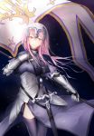  1girl absurdres armor armored_dress black_dress black_legwear braid braided_ponytail chains cosplay dress eyebrows_visible_through_hair fate/apocrypha fate_(series) faulds floating_hair gauntlets guilty_crown headpiece highres jeanne_d&#039;arc_(fate) jeanne_d&#039;arc_(fate)_(all) jeanne_d&#039;arc_(fate)_(cosplay) long_hair looking_at_viewer parted_lips pink_eyes pink_hair single_braid solo standing thighhighs very_long_hair yakku yuzuriha_inori 