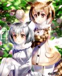  artist_name bird_tail brown_coat brown_eyes brown_hair buttons coat eurasian_eagle_owl_(kemono_friends) flower fur-trimmed_coat fur_trim gloves hair_between_eyes hair_brush hair_brushing hakuda_tofu head_wings highres holding kemono_friends long_sleeves looking_at_viewer multicolored_hair multiple_girls northern_white-faced_owl_(kemono_friends) outdoors pantyhose petals pocket short_hair signature silver_hair sitting standing tree white_coat white_gloves white_legwear 