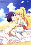  :d absurdres barefoot beach bikini blanket blonde_hair blue_bikini blue_eyes blush cloud collarbone day eyebrows_visible_through_hair food food_on_face frilled_bikini frills from_side front-tie_top gabriel_dropout hair_ornament hairclip highres ice_cream kneeling kuwabara_naoko long_hair megami multiple_girls navel o3o official_art open_mouth outdoors ponytail purple_eyes purple_hair scan short_hair sky smile swimsuit tenma_gabriel_white tsukinose_vignette_april wide_ponytail wiping_face x_hair_ornament yellow_bikini 