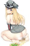  :t ass bare_shoulders barefoot bismarck_(kantai_collection) blonde_hair blue_eyes blush bottle bottomless breasts detached_sleeves feet hat kantai_collection long_hair looking_at_viewer looking_back medium_breasts military_hat peaked_cap simple_background sitting solo wariza white_background yamayoshi_tanosuke 