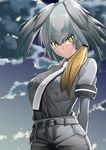  arms_behind_back belt breasts cloud collared_shirt eyebrows_visible_through_hair feathered_wings grey_hair grey_shirt grey_shorts hair_between_eyes head_wings kemono_friends looking_at_viewer medium_breasts necktie shirt shoebill_(kemono_friends) short_hair shorts sky solo standing white_neckwear wings yellow_eyes yukino_(yukinosora1126) 