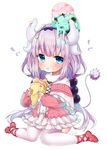  :t bangs blue_eyes blue_ribbon capelet closed_mouth commentary_request cream cream_on_face crepe dragon_girl dragon_horns dragon_tail eating eyebrows_visible_through_hair food food_on_face food_on_head frills full_body hair_ribbon holding holding_food horns ice_cream kanna_kamui kobayashi-san_chi_no_maidragon lavender_hair long_hair looking_at_viewer nachiru object_on_head purple_hair red_footwear ribbon shoes simple_background sitting skirt solo tail wariza white_background white_skirt 