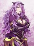  armor black_armor breasts camilla_(fire_emblem_if) cleavage cleavage_cutout european_clothes fire_emblem fire_emblem_if gauntlets hiyori_(rindou66) large_breasts long_hair looking_at_viewer pauldrons purple_eyes purple_hair simple_background solo tiara 