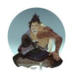  bad_id bad_pixiv_id beard black_hair cup facial_hair hadanugi_dousa hanzo_(overwatch) highres japanese_clothes male_focus overwatch ponytail sakazuki sgyqanna sitting solo tattoo 