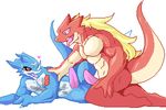  &lt;3 digimon dragon erection exveemon grabbing hair male male/male manyu1085 muscular muscular_male open_mouth penis sex simple_background tongue 