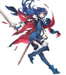  armpits ass blue_eyes blue_hair breasts cape falchion_(fire_emblem) fingerless_gloves fire_emblem fire_emblem:_kakusei fire_emblem_heroes full_body gloves highres holding holding_weapon jewelry long_hair lucina maiponpon official_art scabbard sheath shoes small_breasts solo sword thighhighs tiara torn_clothes transparent_background weapon wrist_cuffs 