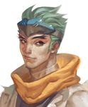 bad_id bad_pixiv_id black_eyes forehead_protector forked_eyebrows genji_(overwatch) green_hair male_focus overwatch scarf sgyqanna solo young_genji 