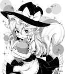  :o acorn animal_ears apron blush commentary coreytaiyo crescent crescent_hair_ornament dress greyscale hair_ornament hat highres kemonomimi_mode kirisame_marisa long_hair looking_at_viewer monochrome object_hug puffy_short_sleeves puffy_sleeves short_sleeves solo sparkle squirrel_ears squirrel_tail tail touhou turtleneck twitter_username waist_apron witch_hat 