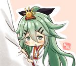  alternate_costume artist_name black_ribbon chibi commentary_request green_eyes green_hair hair_between_eyes hair_ribbon japanese_clothes kantai_collection long_hair long_sleeves open_mouth pink_background ribbon saishi solo taisa_(kari) triangle_mouth wide_sleeves yamakaze_(kantai_collection) 