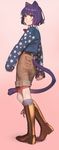  aconitea androgynous animal_ears bad_id bad_pixiv_id boots brown_eyes brown_footwear cat_ears cat_tail cross-laced_footwear full_body gradient gradient_background highres knee_boots lace-up_boots original purple_hair shorts sleeves_past_wrists smile solo star star_print tail 