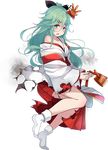  alternate_costume full_body green_hair hair_between_eyes hair_ornament hair_ribbon hairclip hishaku japanese_clothes kantai_collection kujou_ichiso long_hair miko no_shoes official_art ribbon saishi solo tabi torn_clothes transparent_background yamakaze_(kantai_collection) 