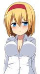  &gt;:( alice_margatroid bad_id bad_twitter_id bangs blonde_hair blue_eyes blush breasts buttons cleavage closed_mouth collarbone collared_shirt enushi_(toho193) eyebrows_visible_through_hair frown hair_between_eyes hairband large_breasts long_sleeves looking_at_viewer partially_unbuttoned red_hairband shirt short_hair simple_background solo touhou upper_body v-shaped_eyebrows white_background white_shirt 