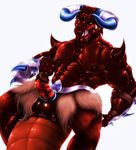  2017 3_fingers abs absurd_res armor balls biceps big_balls big_muscles big_pecs big_penis big_tail blue_eyes bulph chaor chaotic demon hi_res horn humanoid invalid_tag male muscular nipples pecs penis red_body simple_background sitting solo spikes underbite underworlder_(species) 