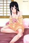  absurdres barefoot bed black_eyes black_hair bra breasts cleavage collarbone copyright_name dress highres holding indoors long_hair looking_at_viewer medium_breasts megami off_shoulder official_art ozeki_miyabi pillow seiren smile solo sweater sweater_dress touno_kyouko underwear window yellow_sweater 