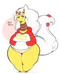  2017 amelia_(xingscourge) ampharos anthro anthrofied beauty_mark bottomless breasts clothed clothing digital_media_(artwork) english_text female hair half-closed_eyes hi_res hoodie mega_ampharos mega_evolution mole_(marking) multicolored_skin nintendo overweight overweight_female pok&eacute;mon pok&eacute;morph shy simple_background slightly_chubby solo text thick_thighs two_tone_skin video_games white_hair white_skin wide_hips xingscourge yellow_skin 