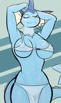  abstract_background anthro anthrofied armpits big_breasts breasts clothing eeveelution eyes_closed female nintendo pcred566 pok&eacute;mon smile solo standing swimsuit vaporeon video_games 