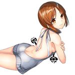  akiyama_yukari backless_outfit bare_back bare_shoulders blush breasts brown_eyes butt_crack dress girls_und_panzer kyon_(fuuran) looking_at_viewer medium_breasts meme_attire nishizumi_maho nishizumi_miho object_on_head panties panties_on_head ribbed_sweater short_hair sideboob silhouette_demon simple_background solo sweater sweater_dress turtleneck turtleneck_sweater underwear virgin_killer_sweater white_background 