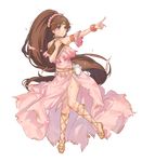  bangs bare_shoulders book brown_eyes brown_hair circlet dress eyebrows_visible_through_hair fire_emblem fire_emblem:_monshou_no_nazo fire_emblem_heroes flower full_body hair_flower hair_ornament highres holding jewelry kippu linda_(fire_emblem) long_hair looking_away official_art ponytail sandals scratches solo tears torn_clothes transparent_background very_long_hair 