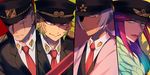  black_hair blonde_hair eyepatch gokuu_samon gradient_hair green_eyes green_hair grin hat highres kenshirou_yozakura lipstick looking_at_viewer makeup male_focus mitsuba_kiji multicolored_hair multiple_boys nanbaka necktie parted_lips pink_eyes pink_hair red_neckwear sada_(sadahalu) scar smile sugoroku_hajime uniform upper_body white_hair yellow_eyes 