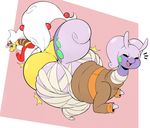  2017 amelia_(xingscourge) ampharos anthro anthrofied ass_to_ass bent_over big_butt border bottomless butt butt_bump clothed clothing digital_media_(artwork) dragon duo female goodra hair half-closed_eyes hi_res hoodie huge_butt kiwi_(guitarstudios) looking_back mega_ampharos mega_evolution nintendo overweight overweight_female partially_clothed pok&eacute;mon pok&eacute;morph shy slightly_chubby thick_thighs video_games white_border white_hair wide_hips wrappings xingscourge yellow_skin 
