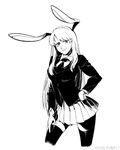  animal_ears bangs blazer breasts bunny_ears collared_shirt cowboy_shot extra_ears greyscale hand_on_hip hand_on_own_thigh highres jacket jpeg_artifacts long_hair long_sleeves looking_at_viewer medium_breasts monochrome necktie pleated_skirt reisen_udongein_inaba ruukii_drift shirt sidelocks simple_background skirt smile solo thighhighs touhou very_long_hair watermark white_background zettai_ryouiki 