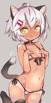  animal_ears bikini black_legwear cat_ears cat_tail dark_skin flat_chest groin hair_ornament hairclip hands_on_own_chest kneeling lowleg lowleg_bikini micro_bikini navel open_mouth original short_hair side-tie_bikini silver_hair solo swimsuit tail tan tanline thigh_gap thighhighs tomcat_(moconeko) yellow_eyes 